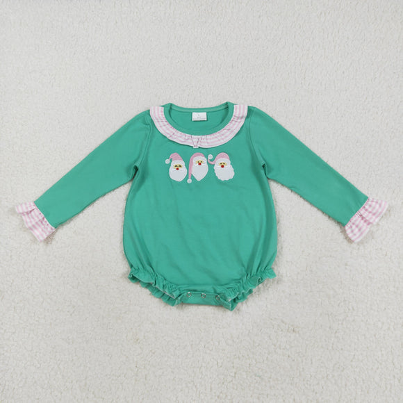 LR2411 baby girls Christmas embroidered Santa Claus green romper