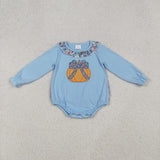 LR2441 baby girls long sleeve embroidered pumpkin blue romper