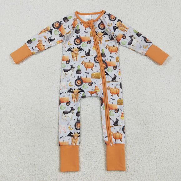 USA LR2444 baby boys Halloween cow pumpkin orange zipper romper