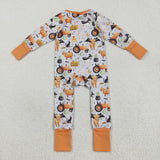 LR2444 baby boys Halloween cow pumpkin orange zipper romper