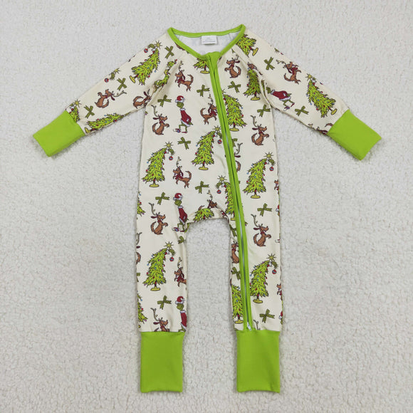 LR2481 baby girls Christmas deer tree zipper green romper