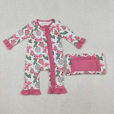 LR2486 baby girls Christmas tree bow zipper pink floral romper