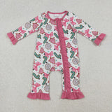 LR2486 baby girls Christmas tree bow zipper pink floral romper