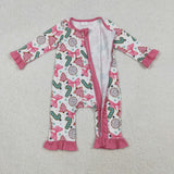 LR2486 baby girls Christmas tree bow zipper pink floral romper