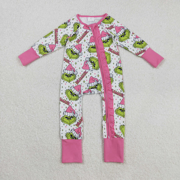 LR2495 baby girls Christmas DRAMATIC pink green floral zipper romper