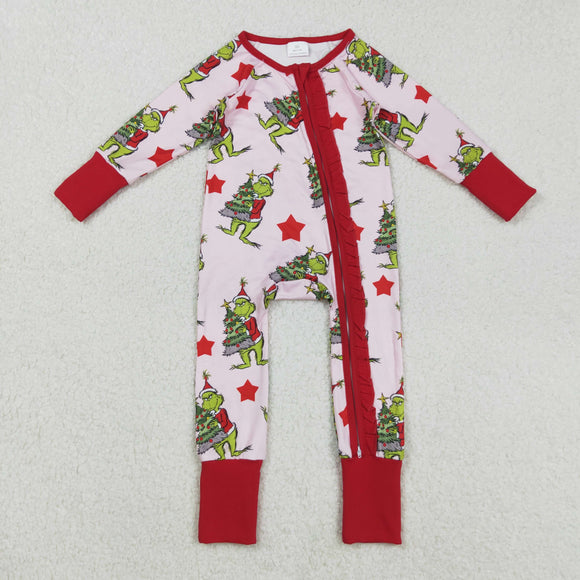 LR2496 baby girls Christmas tree red floral zipper romper
