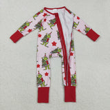 LR2496 baby girls Christmas tree red floral zipper romper