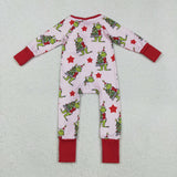 LR2496 baby girls Christmas tree red floral zipper romper