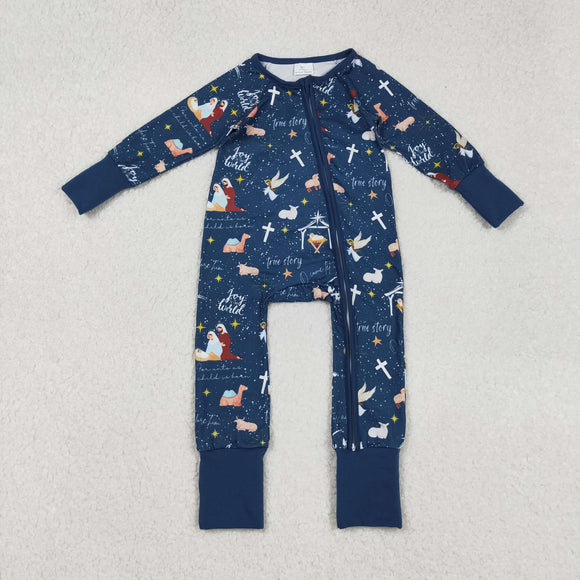 LR2504 baby girls Christmas EVE Jesus navy zipper romper