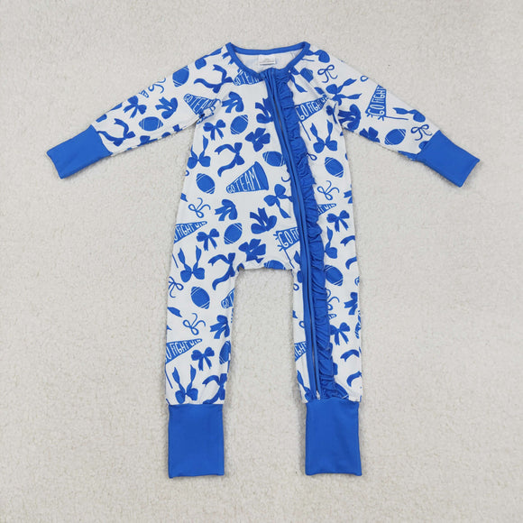 LR2511 baby girls Cheer bow blue floral zipper romper
