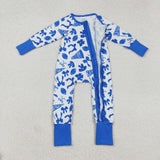 LR2511 baby girls Cheer bow blue floral zipper romper