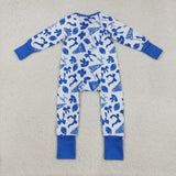 LR2511 baby girls Cheer bow blue floral zipper romper
