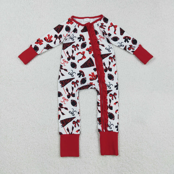 LR2512 baby girls Cheer bow red floral zipper romper