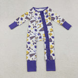 LR2513 baby girls Cheer bow purple floral zipper romper