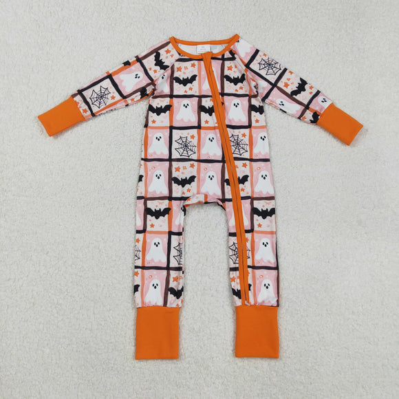 LR2539 baby boys Halloween bat ghost orange zipper romper