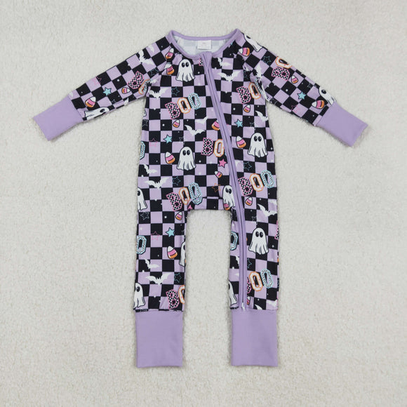 LR2541 baby girls Halloween BOO ghost purple zipper romper