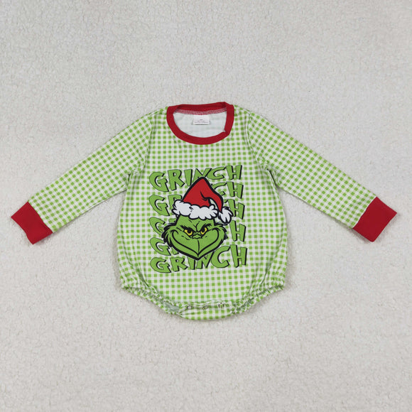 LR2555 baby boys Christmas green checkered romper