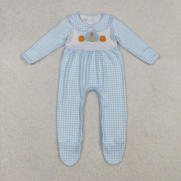 LR2561 baby girls pumpkin embroidered turkey blue checkered  romper