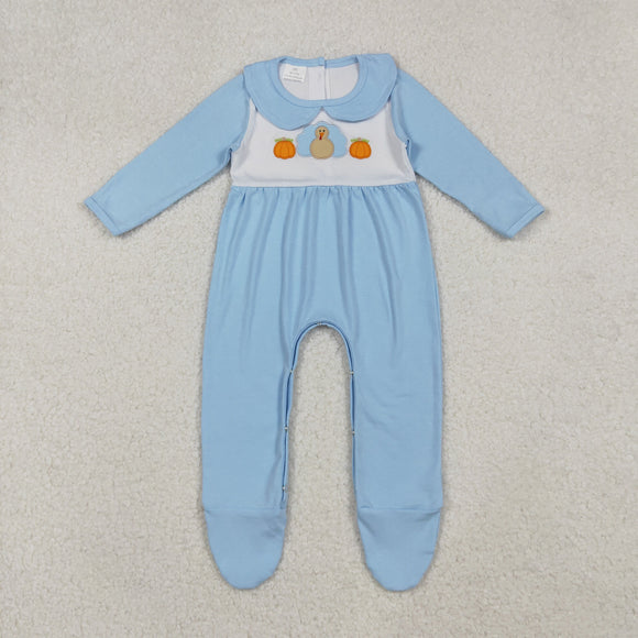 LR2562 baby boys embroidered pumpkin turkey blue romper