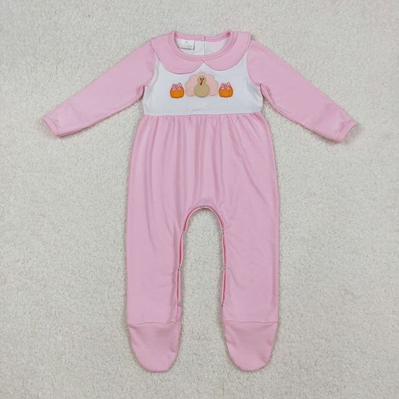 LR2563 baby girls pumpkin embroidered turkey pink romper