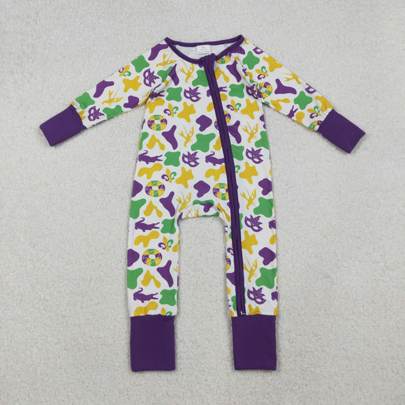 LR2637 baby girls Mardi Gras zip purple romper