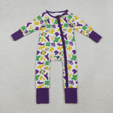 LR2637 baby girls Mardi Gras zip purple romper