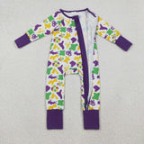 LR2637 baby girls Mardi Gras zip purple romper