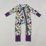 LR2678 baby girls Mardi Gras bow zip romper