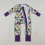 LR2678 baby girls Mardi Gras bow zip romper