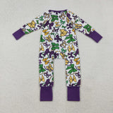 LR2678 baby girls Mardi Gras bow zip romper