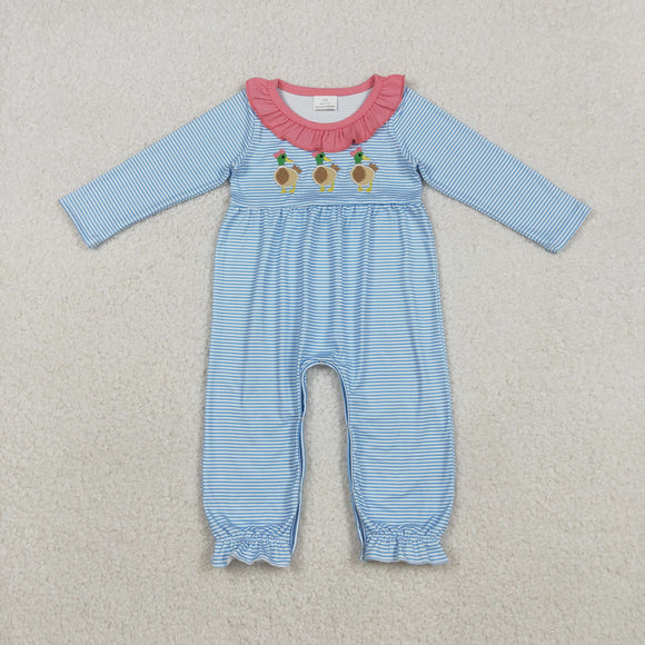 LR2738 baby girls embroidered duck blue stripe long sleeve floral romper