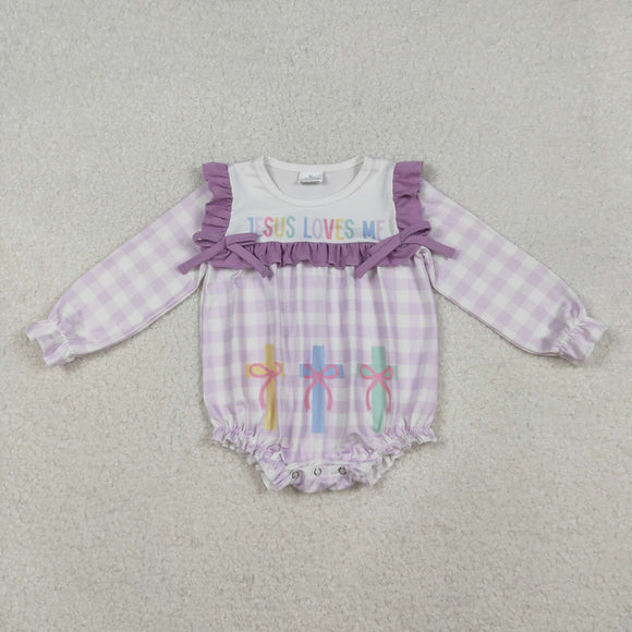 LR2740 baby girls JESUS LOVES ME purple checkered long sleeve romper
