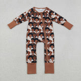LR2748 baby boys brown cartoon long sleeve green zipper romper