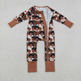LR2748 baby boys brown cartoon long sleeve green zipper romper