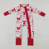 LR2780 baby girls pink red bow zipper long sleeves romper