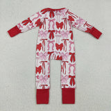 LR2780 baby girls pink red bow zipper long sleeves romper