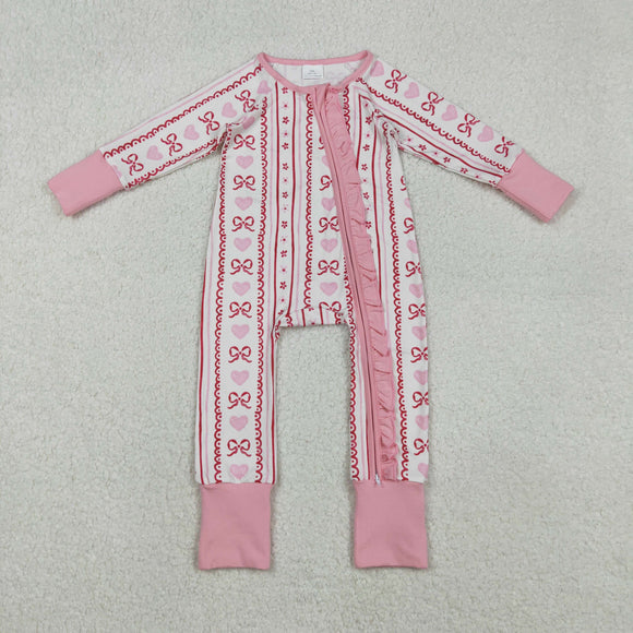 LR2781 baby girls stripe pink red bow zipper long sleeves romper