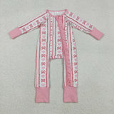 LR2781 baby girls stripe pink red bow zipper long sleeves romper
