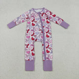 LR2883 baby girls Valentine's love bow long sleeves zipper purple romper
