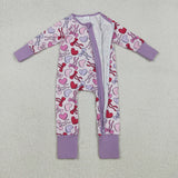 LR2883 baby girls Valentine's love bow long sleeves zipper purple romper