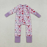LR2883 baby girls Valentine's love bow long sleeves zipper purple romper