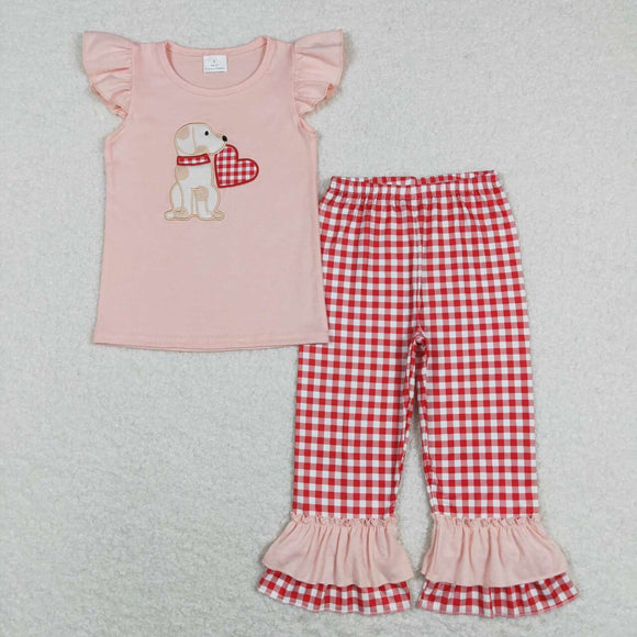 GSPO1161- Valentine's Day dog heart embroidery short sleeve girls outfits