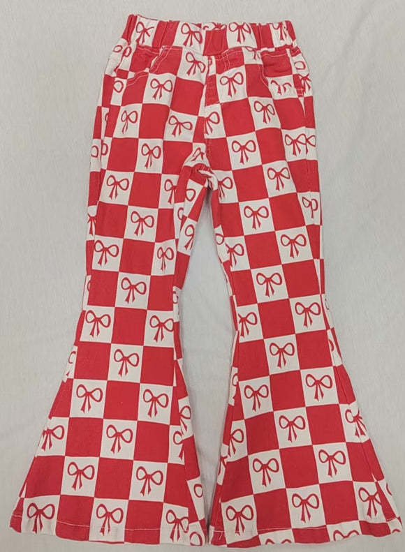 Pre-order P0734 Girls red checked bow Jeans(Deadline Jan.13)