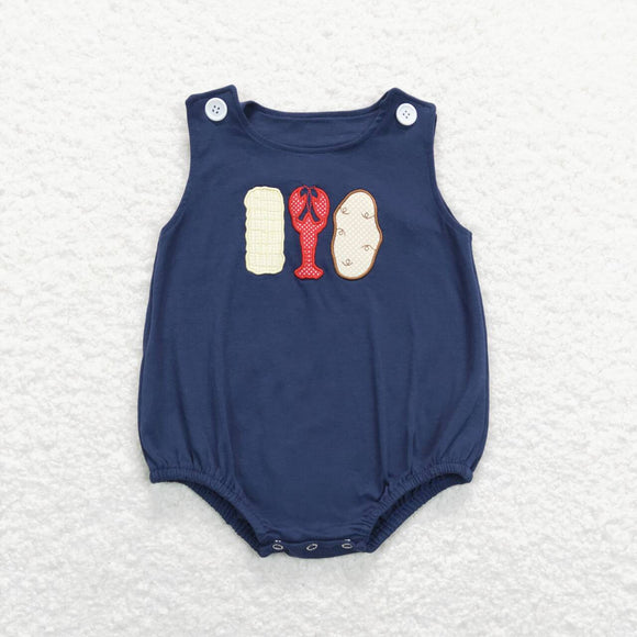 SR0740-- caryfish navy  embroidery boys bubble romper