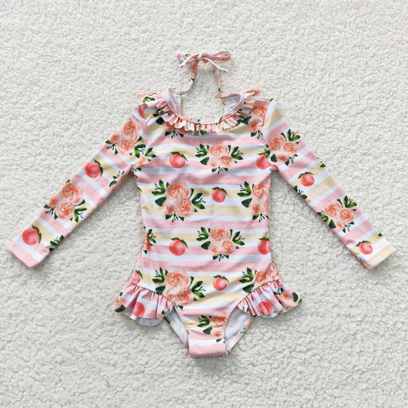 Long-sleeved floral peach one-piece swimsuit