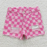Checkered denim shorts pink