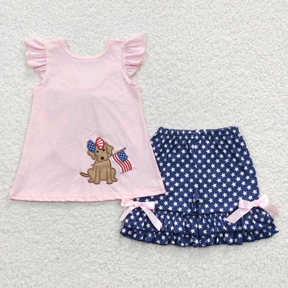summer embroidered 4th of July dog pink girls outfits