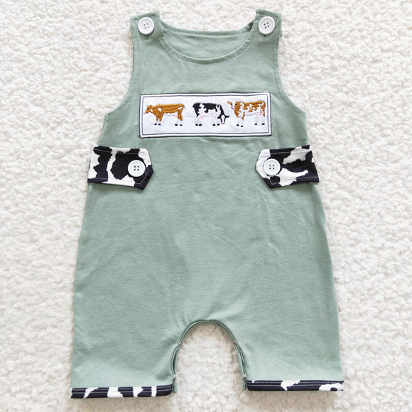 cow embroidered green baby boy romper