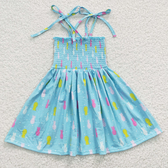 Girls Sleeveless Strap Casual Pineapple Blue Dresses
