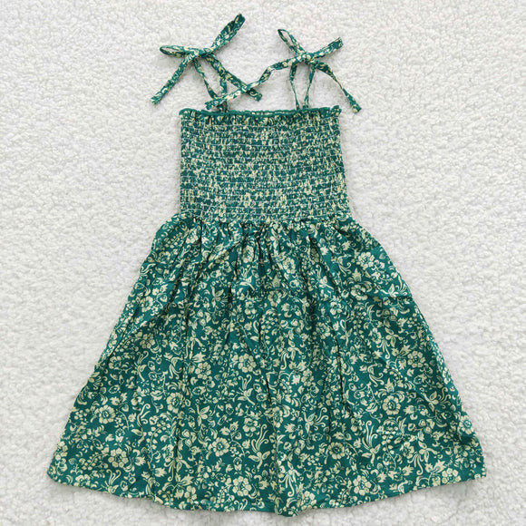 GSD0369-Girls Sleeveless Strap Casual Floral Green Dresses